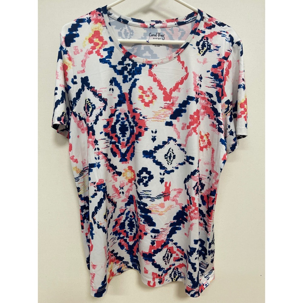 Coral Bay Energy Womens Large Blue Pink Ikat Geometric Activewear T-Shirt